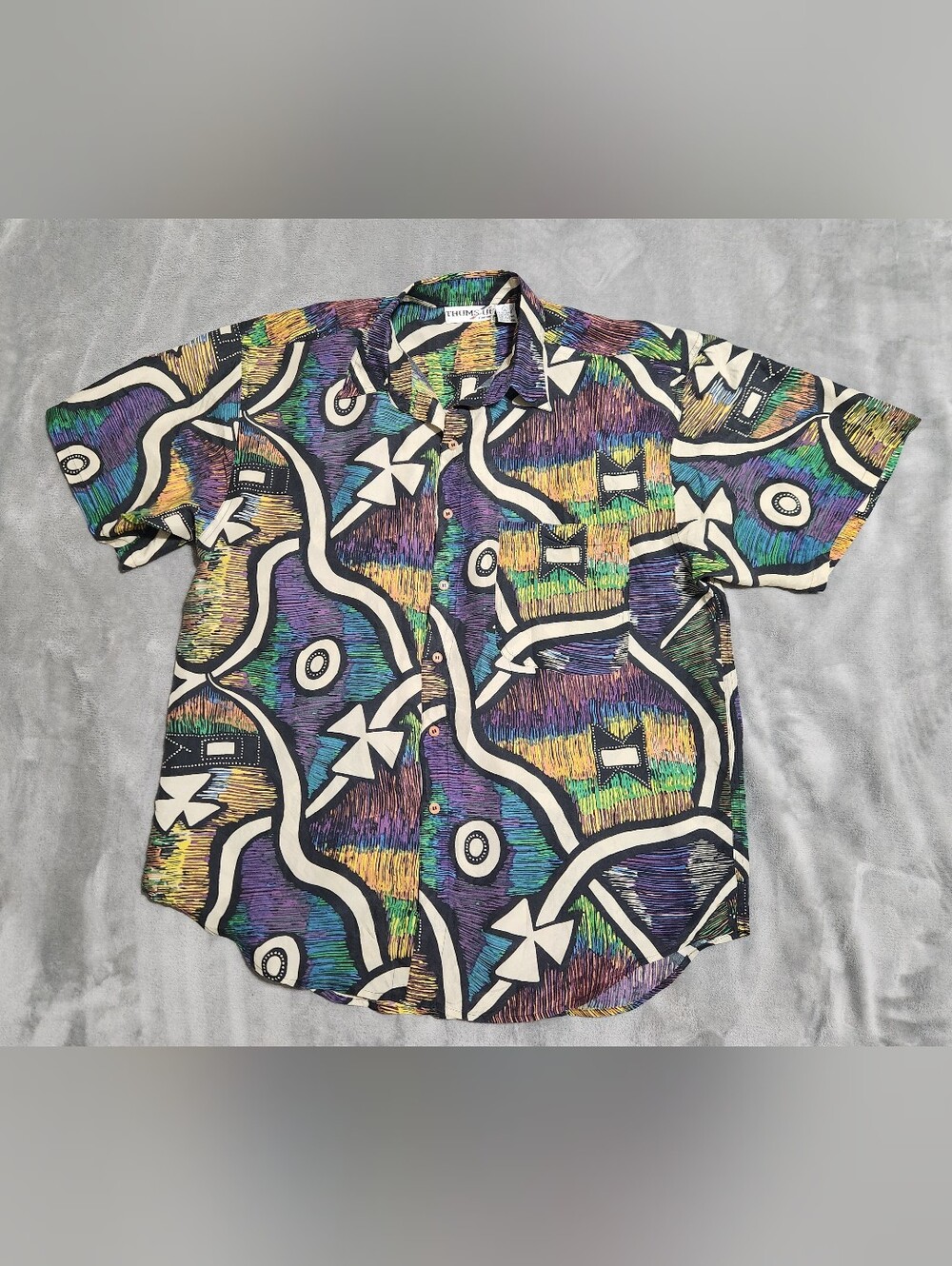 Vintage 90s Thums Up 100% Silk Abstract Tribal Short Sleeve Shirt L